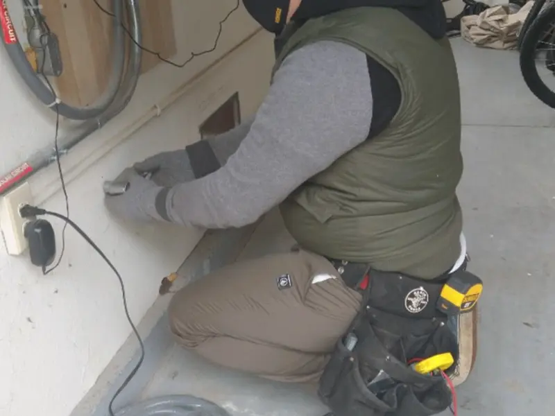 Electrician performing outlet wiring in a Forest City garage